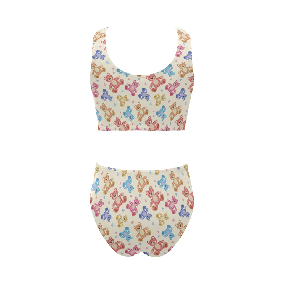 Teddy Bear Pattern Print Design 05 Chest Bowknot High Waisted Bikini Swimsuit