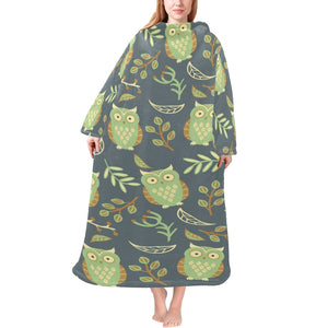 Cute owls leaves pattern Blanket Robe with Sleeves