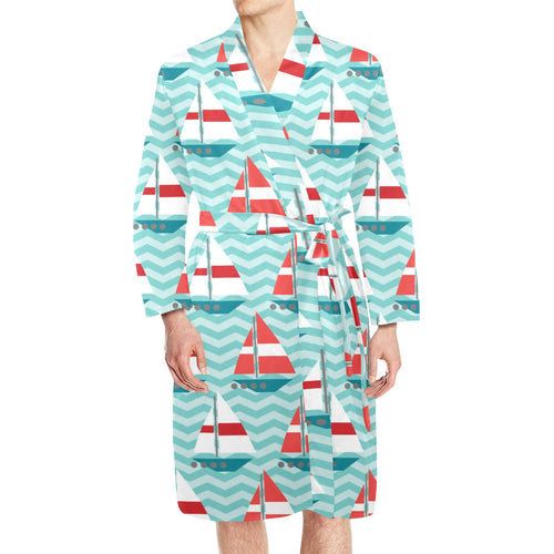 Red White sailboat wave background Men's Long Sleeve Belted Night Robe