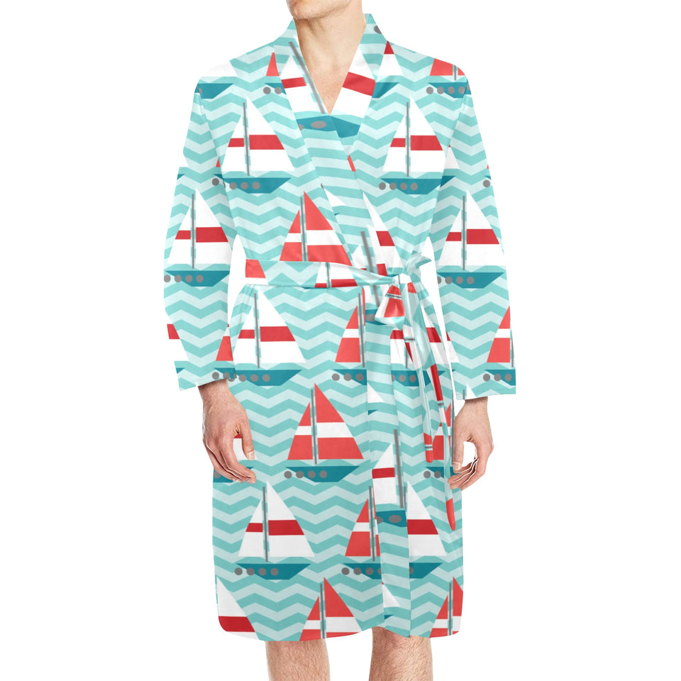 Red White sailboat wave background Men's Long Sleeve Belted Night Robe