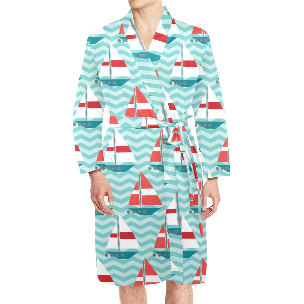 Red White sailboat wave background Men's Long Sleeve Belted Night Robe