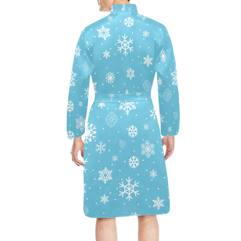 Snowflake pattern blue background Men's Long Sleeve Belted Night Robe