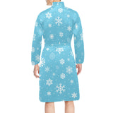 Snowflake pattern blue background Men's Long Sleeve Belted Night Robe