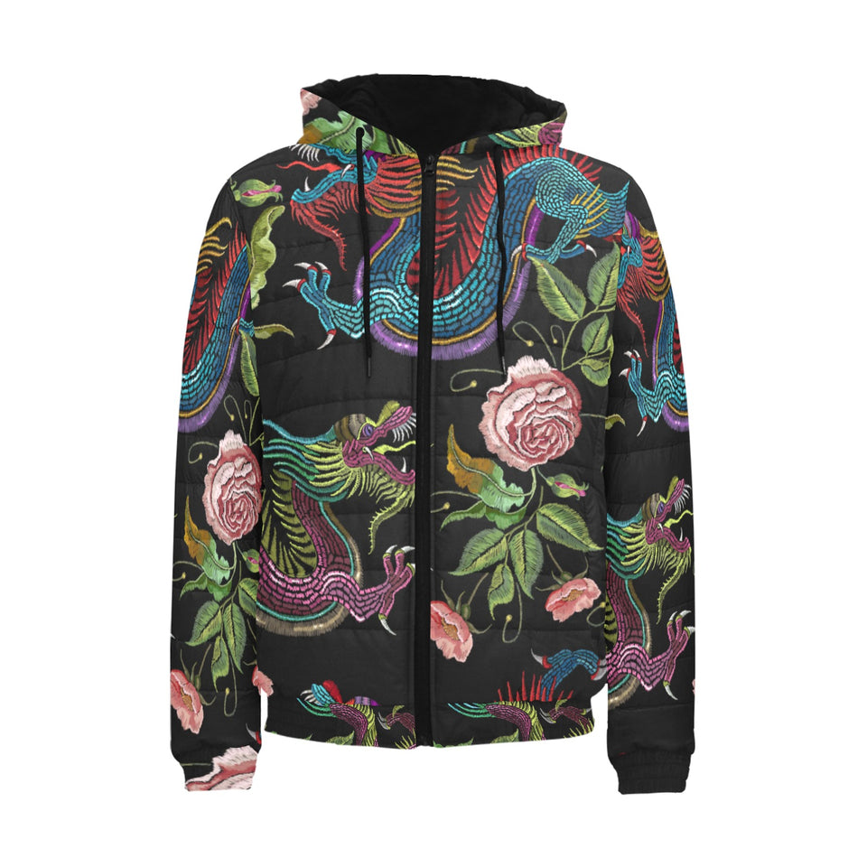 Dragons flower pattern Men's Padded Hooded Jacket