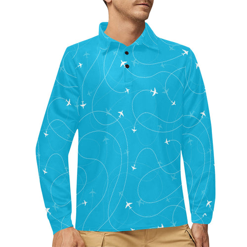 Airplane destinations blue background Men's Long Sleeve Polo Shirt