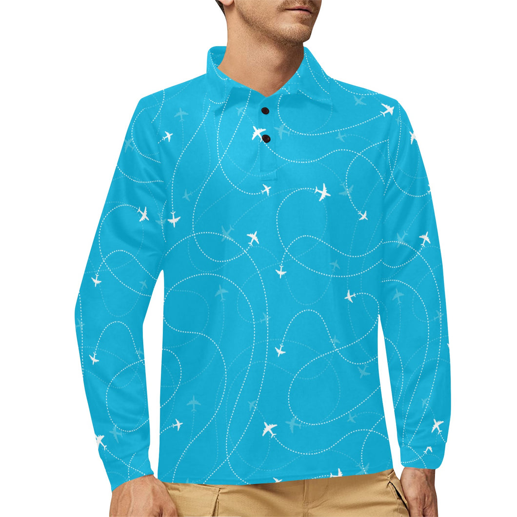 Airplane destinations blue background Men's Long Sleeve Polo Shirt