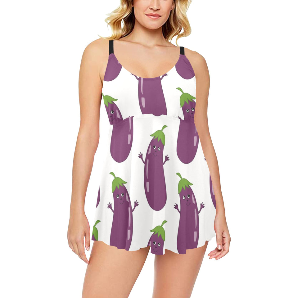 Eggplant Pattern Print Design 01 Chest Sexy Pleated Two Piece Swim Dress