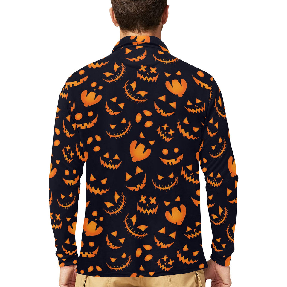 Halloween pattern Pumpkin background Men's Long Sleeve Polo Shirt