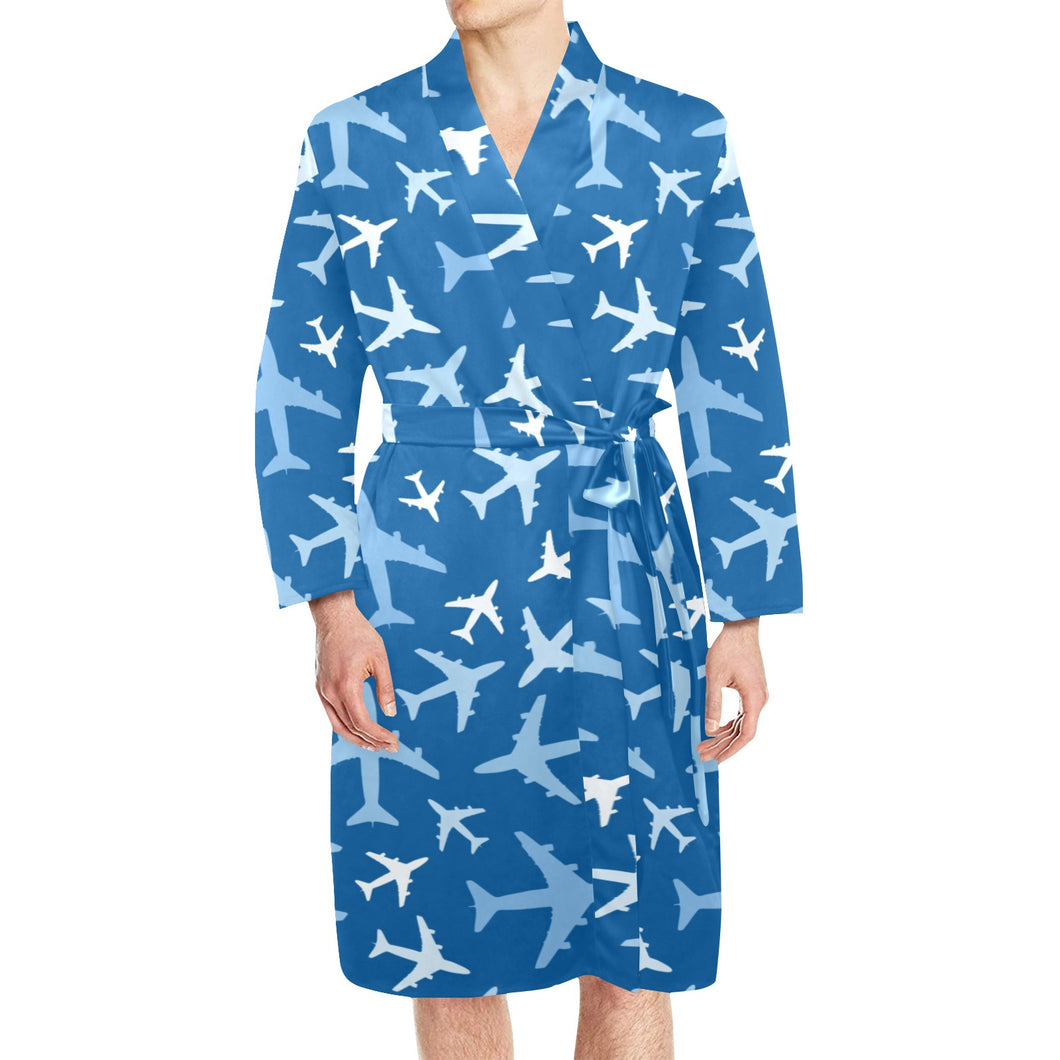 Airplane pattern in the sky Men's Long Sleeve Belted Night Robe