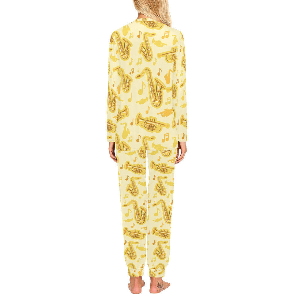 Saxophone cornet pattern yellow background Women's All Over Print Pajama Set