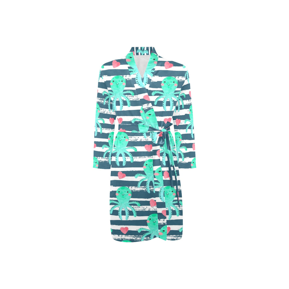 Cute octopuses heart striped background Men's Long Sleeve Belted Night Robe