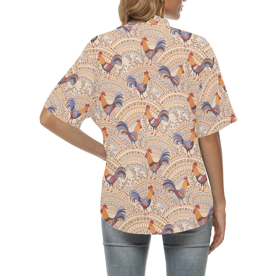Cute rooster chicken cock floral ornament backgrou Women's All Over Print Hawaiian Shirt