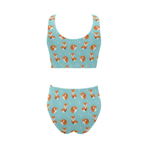 Fox pattern blue b ackground Chest Bowknot High Waisted Bikini Swimsuit