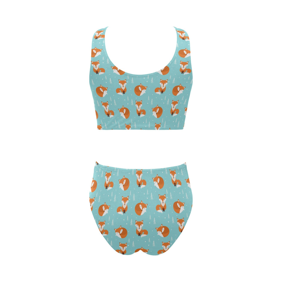 Fox pattern blue b ackground Chest Bowknot High Waisted Bikini Swimsuit