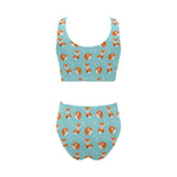 Fox pattern blue b ackground Chest Bowknot High Waisted Bikini Swimsuit