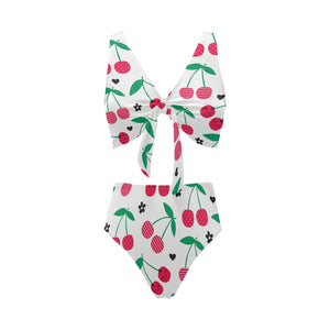 cherry pattern white background Chest Bowknot High Waisted Bikini Swimsuit