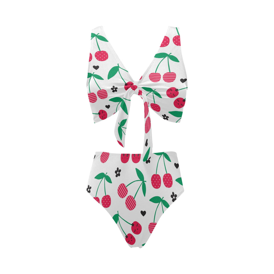 cherry pattern white background Chest Bowknot High Waisted Bikini Swimsuit