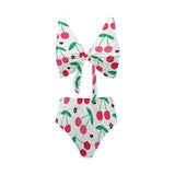 cherry pattern white background Chest Bowknot High Waisted Bikini Swimsuit