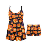 Halloween Pumpkin pattern Chest Sexy Pleated Two Piece Swim Dress