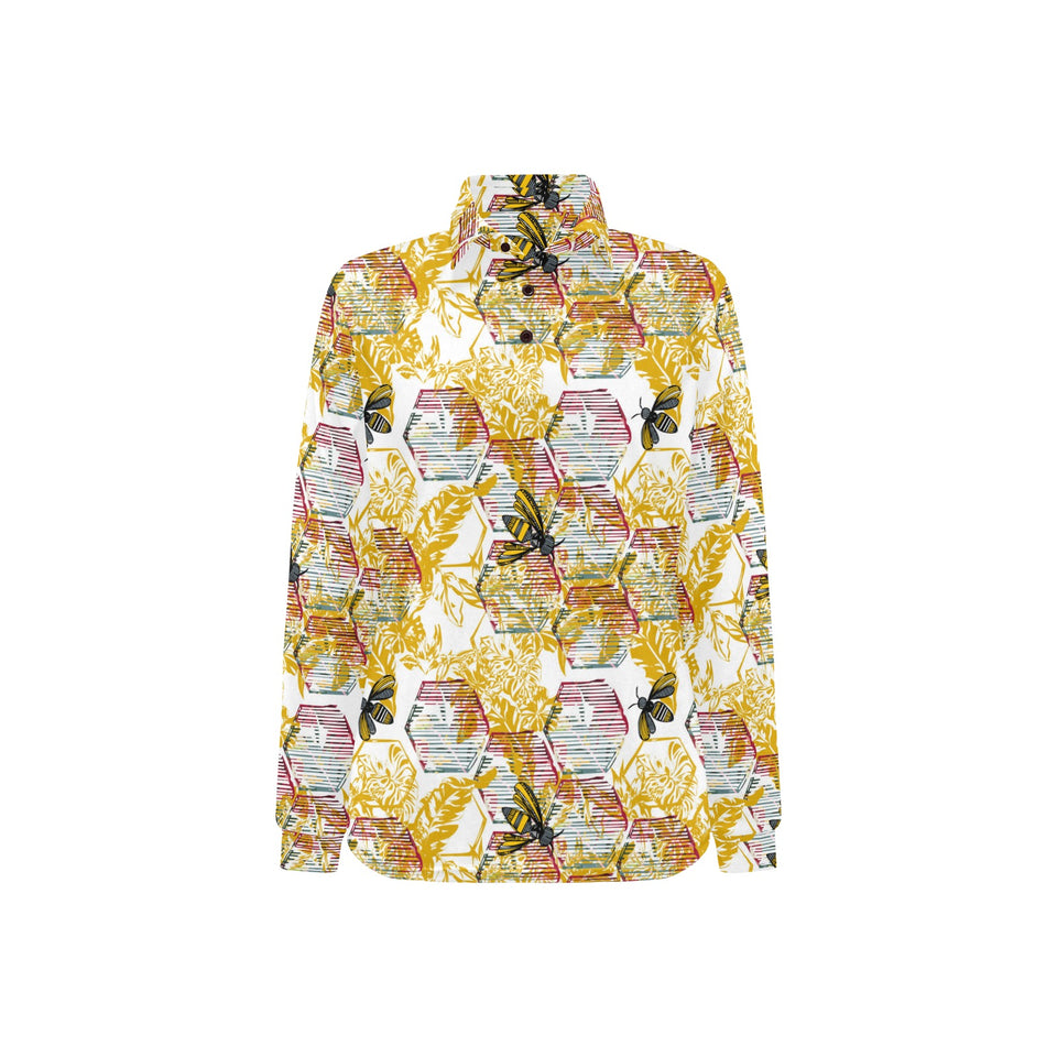 Cool Bee honeycomb leaves pattern Women's Long Sleeve Polo Shirt