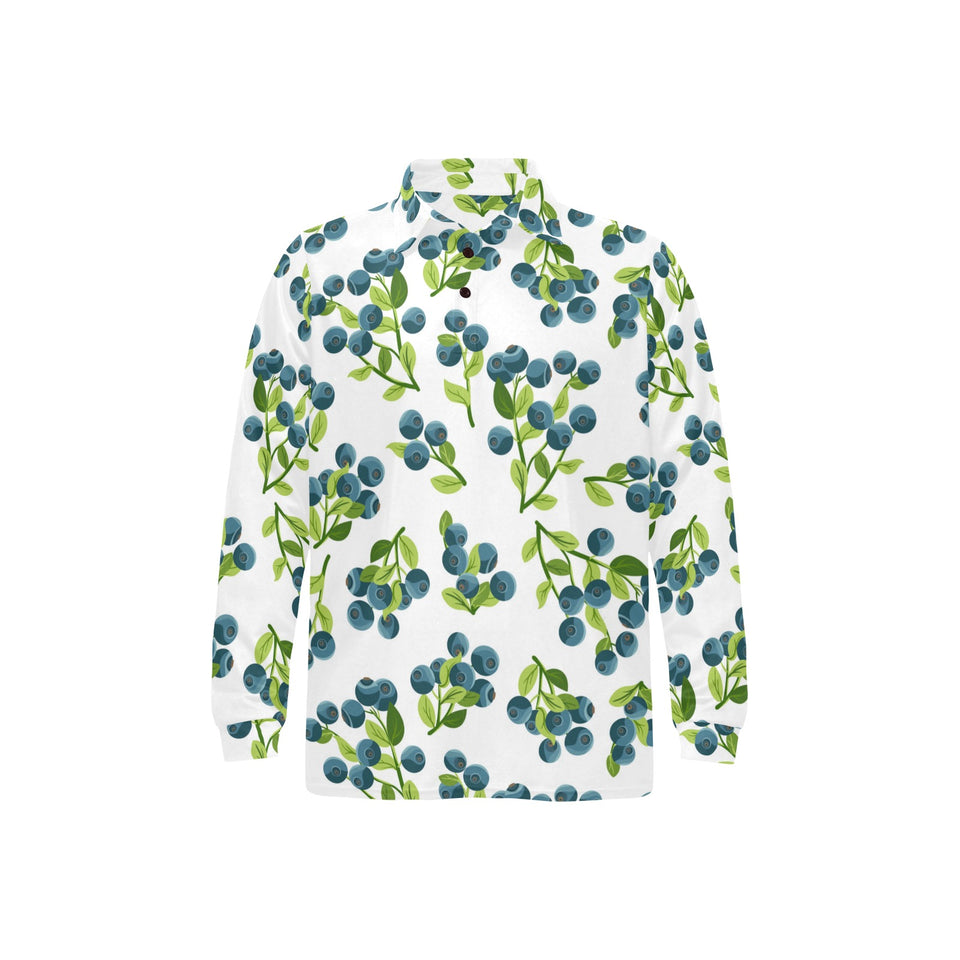 blueberry white background Men's Long Sleeve Polo Shirt