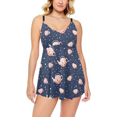 Tea pots Pattern Print Design 04 Chest Sexy Pleated Two Piece Swim Dress