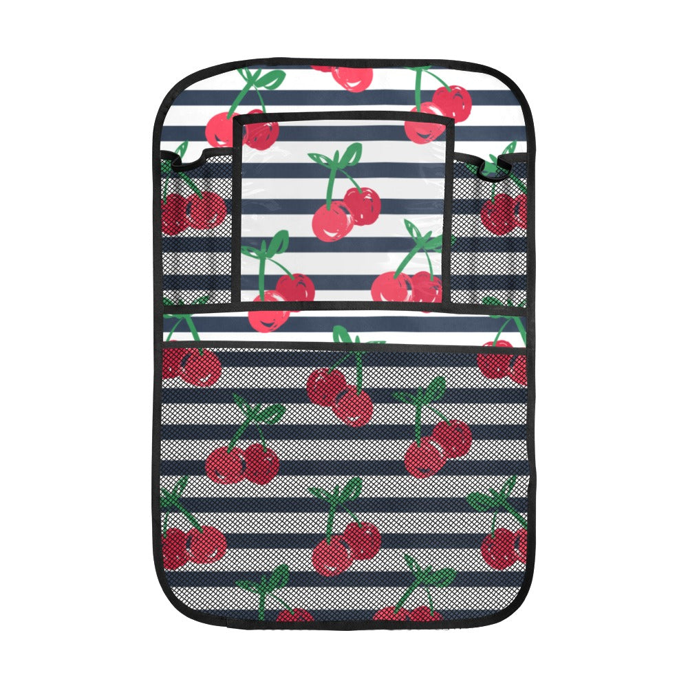 Hand drawn cherry pattern striped background Car Seat Back Organizer