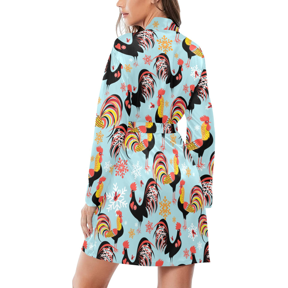 Rooster chicken cock snowfalke Women's Long Sleeve Belted Night Robe