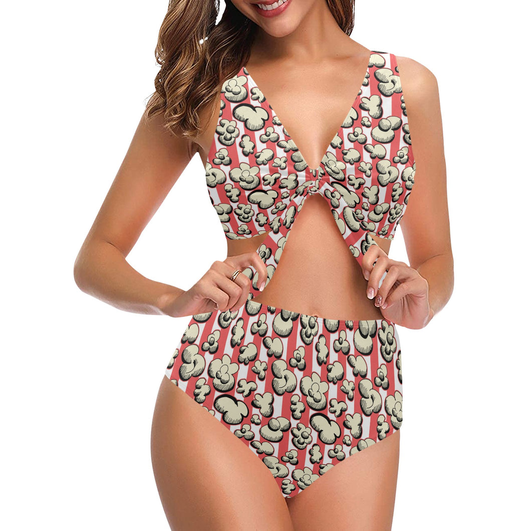 Popcorn Pattern Print Design 05 Chest Bowknot High Waisted Bikini Swimsuit