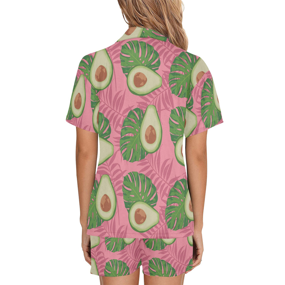 Avocado slices leaves pink back ground Women's V-Neck Short Pajama Set