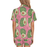 Avocado slices leaves pink back ground Women's V-Neck Short Pajama Set