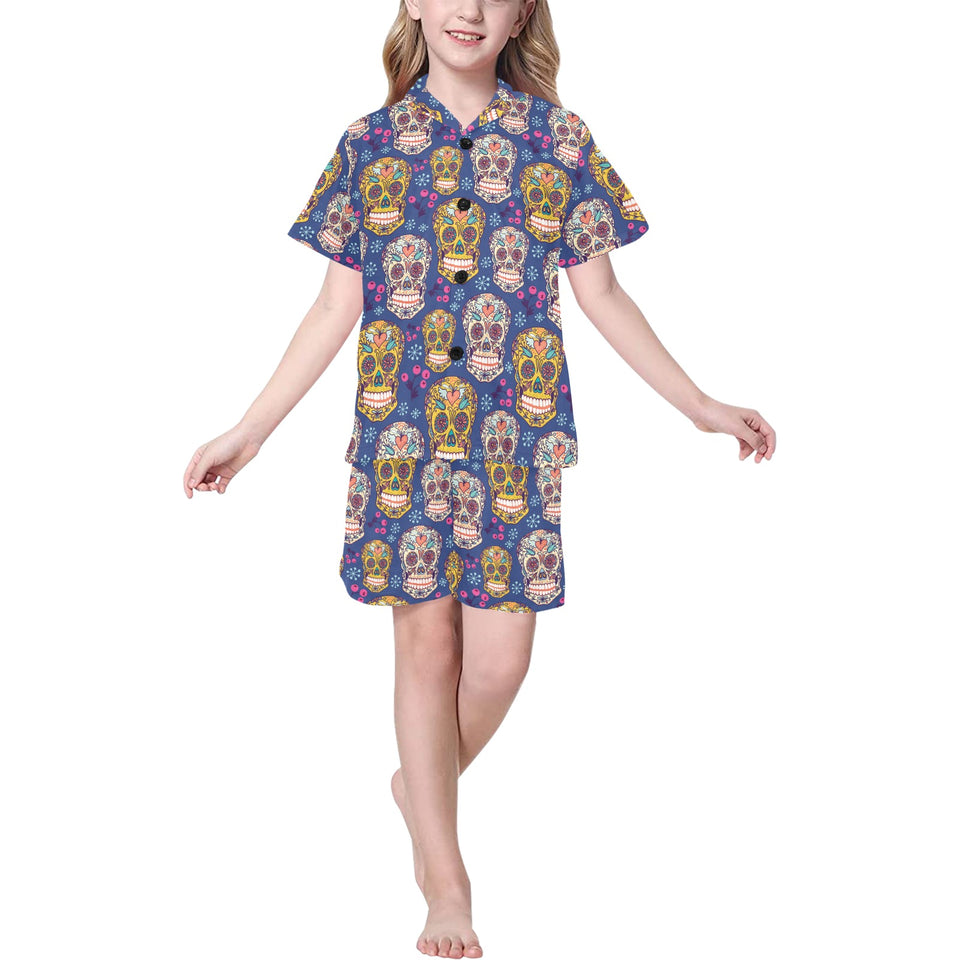 Sugar skull flower pattern Kids' Boys' Girls' V-Neck Short Pajama Set
