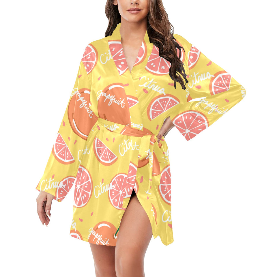 Grapefruit yellow background Women's Long Sleeve Belted Night Robe