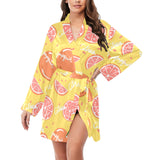 Grapefruit yellow background Women's Long Sleeve Belted Night Robe