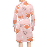 Cute fox pattern pink background Men's Long Sleeve Belted Night Robe