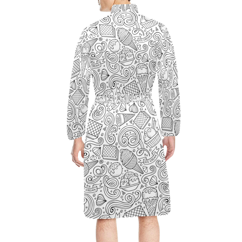 Cartoon hand drawn ice cream black white Men's Long Sleeve Belted Night Robe