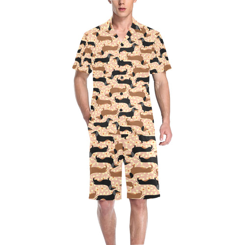 Dachshund floral background Men's V-Neck Short Pajama Set