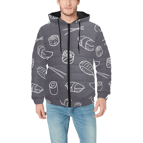 sushi pattern black background Men's Padded Hooded Jacket