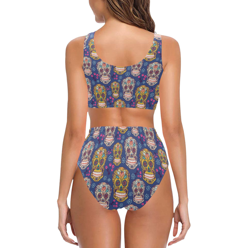 Sugar skull flower pattern Chest Bowknot High Waisted Bikini Swimsuit