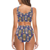 Sugar skull flower pattern Chest Bowknot High Waisted Bikini Swimsuit