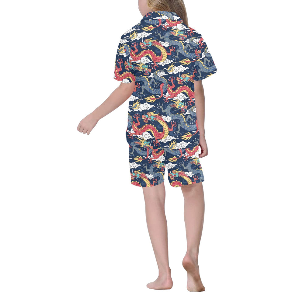 Blue red dragon cloud pattern Kids' Boys' Girls' V-Neck Short Pajama Set