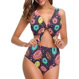 Colorful donut glaze pattern Chest Bowknot High Waisted Bikini Swimsuit