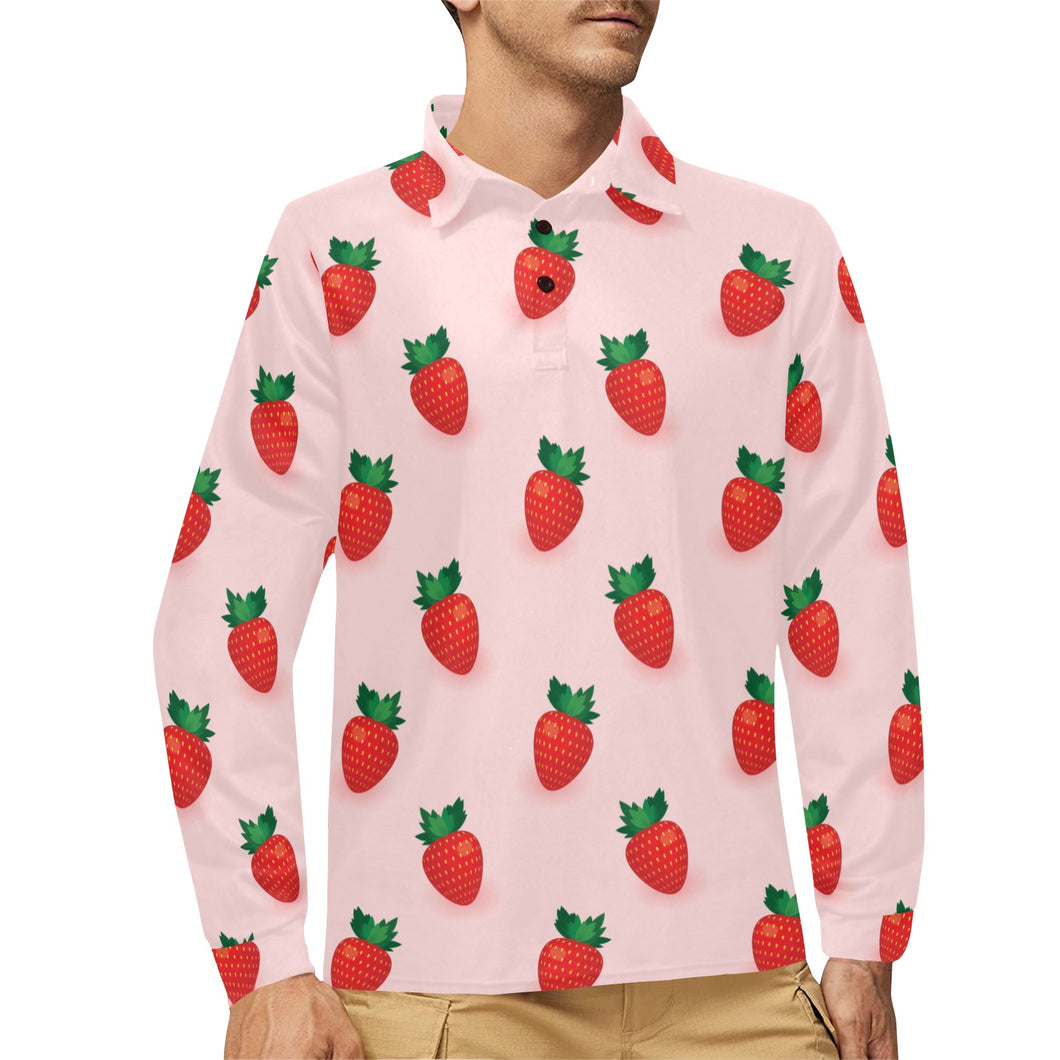 Strawberry beautiful pattern Men's Long Sleeve Polo Shirt