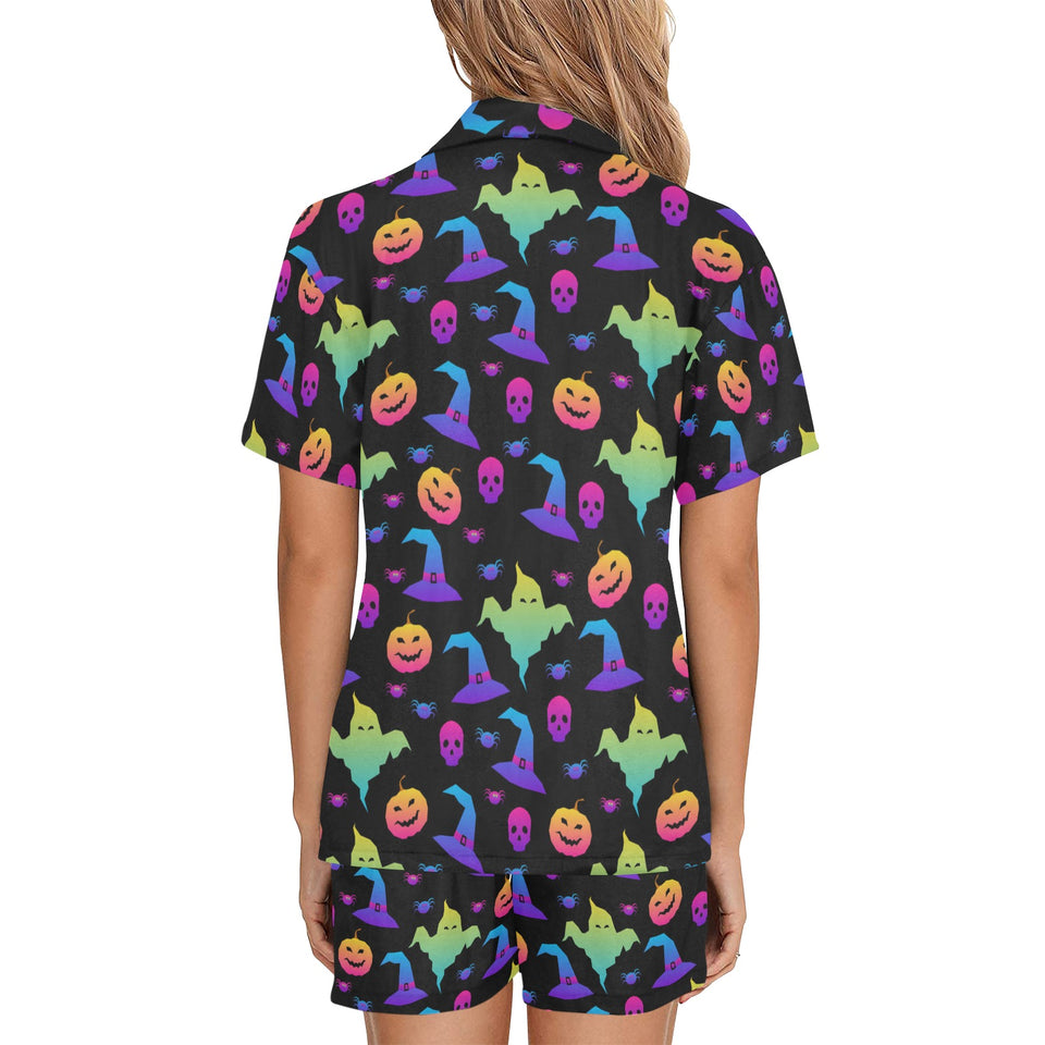 Colorful halloween background Women's V-Neck Short Pajama Set