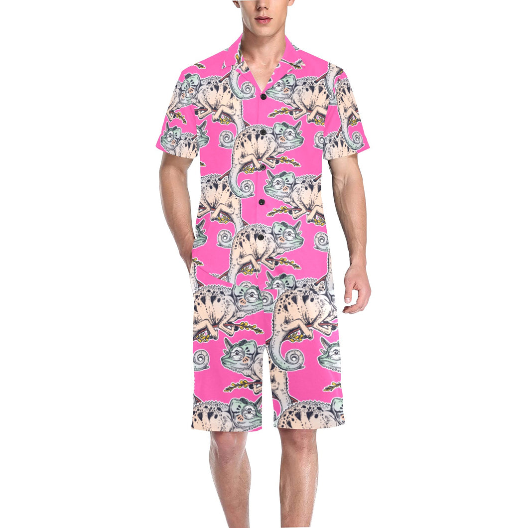 Chameleon lizard pattern pink background Men's V-Neck Short Pajama Set