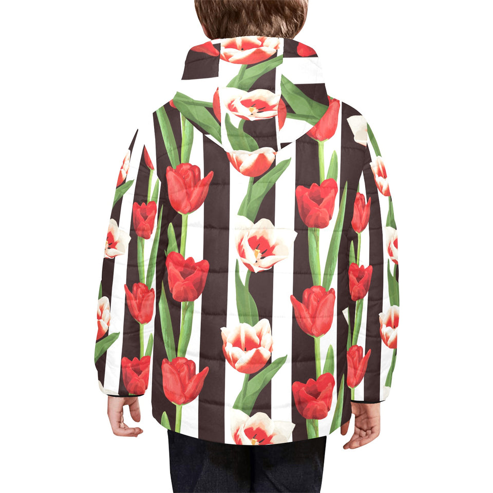 red and white tulips pattern Kids' Boys' Girls' Padded Hooded Jacket