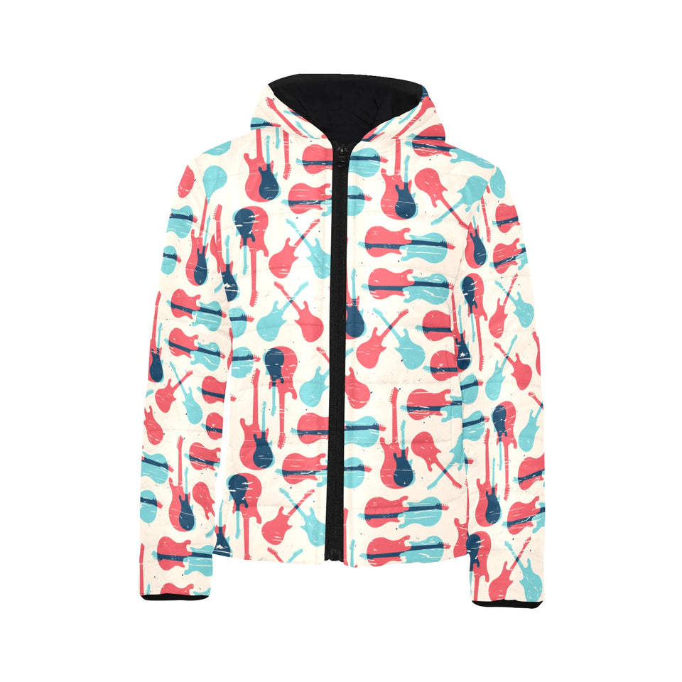 Red Blue guitar pattern Kids' Boys' Girls' Padded Hooded Jacket