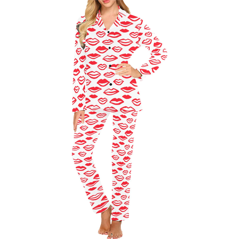 Lips Pattern Print Design 05 Women's Long Pajama Set