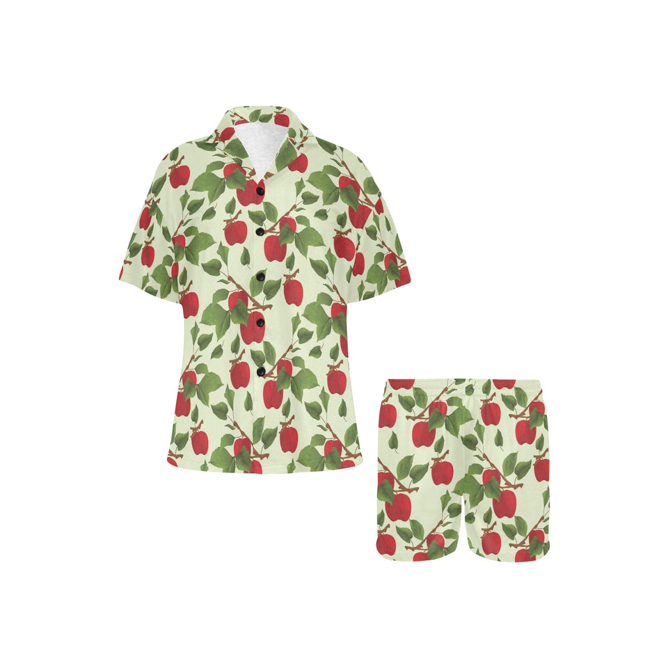 Red apples leaves pattern Women's V-Neck Short Pajama Set
