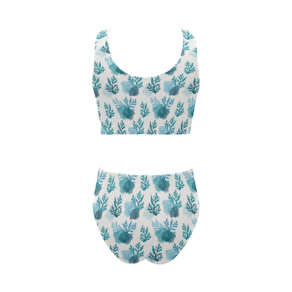 Coral Reef Pattern Print Design 04 Chest Bowknot High Waisted Bikini Swimsuit